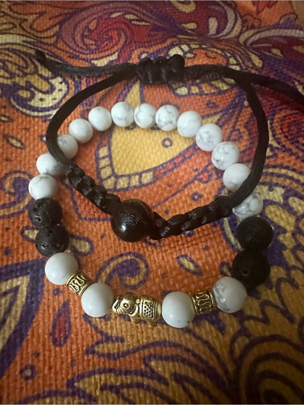 Hand Crafted White Howlite and Black Lava Bead Bracelet with Gold Accents